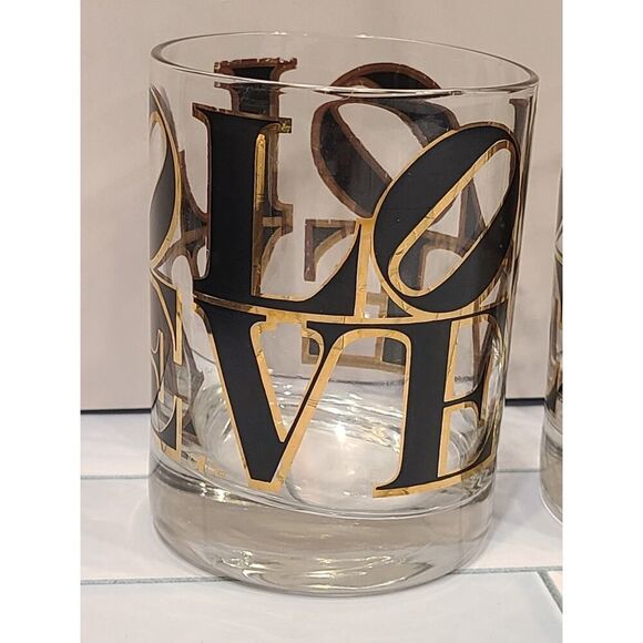 CERA MCM Glass Old Fashioned Rocks Glasses Cocktail Black & Gold 'LOVE' Set of 4 - Picture 7 of 16